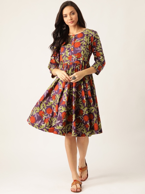 

Sangria Women Violet & Rust Orange Floral Printed A-Line Dress