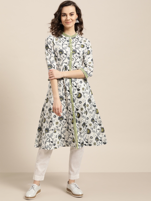 

Sangria Women White & Navy Blue Printed A-Line Kurta