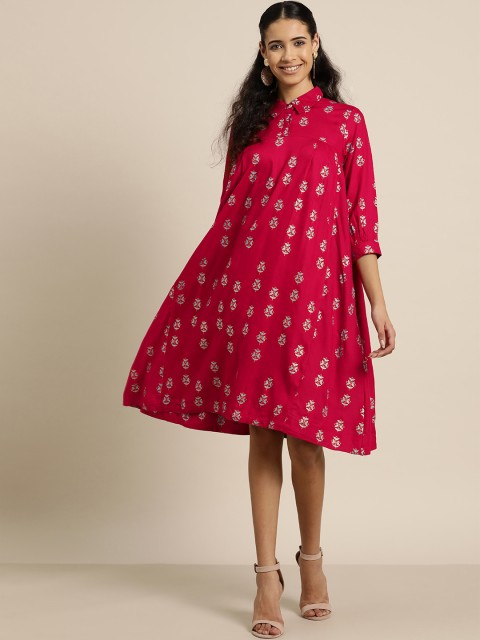 

Sangria Women Pink & Blue Printed A-Line Dress