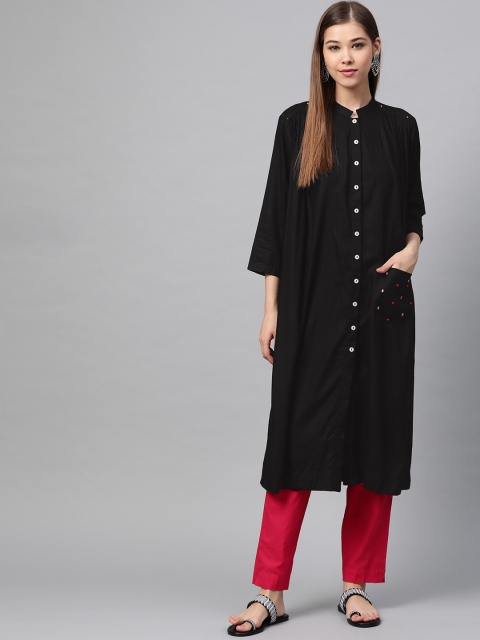 

Sangria Women Black Geometric Embroidered Detail Straight Kurta