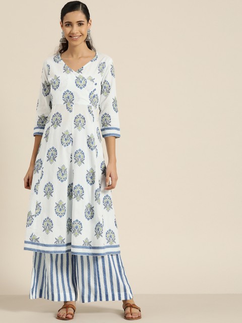 

Sangria Women White & Blue Indie Handblock Printed Kurta with Palazzos