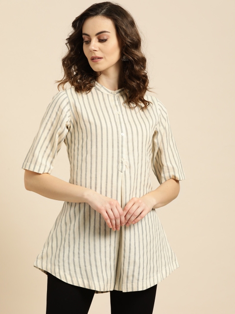 

Sangria Women Beige & Grey Longline Striped A-Line Top