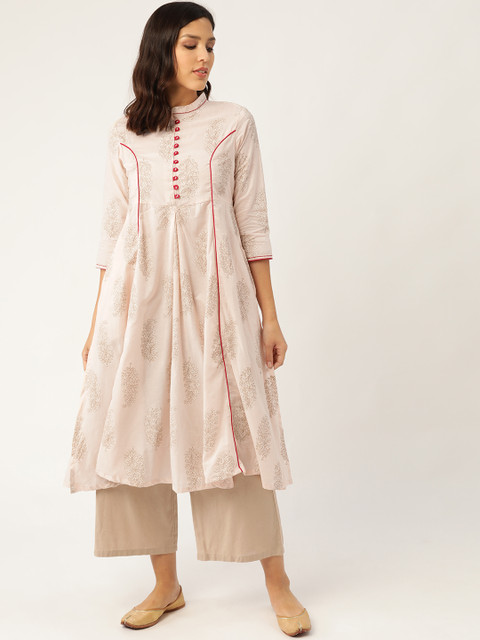 

Sangria Women Pink & Golden Indie Printed A-Line Kurta