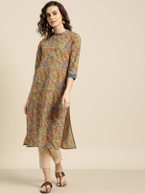 

Sangria Women Blue & Orange Printed Straight Kurta