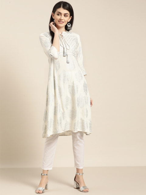 

Sangria Women Off-White & Silver Printed A-Line Kurta