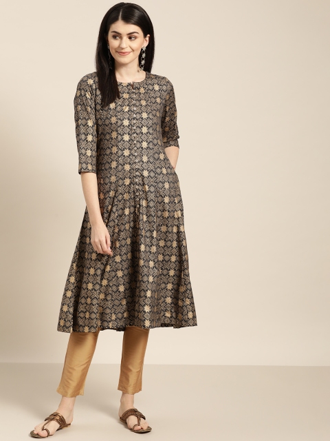 

Sangria Women Charcoal Grey & Golden Printed A-Line Kurta