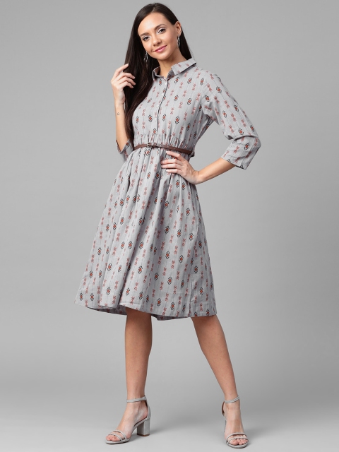 Women Grey & Rust Orange Printed Shirt Dress
