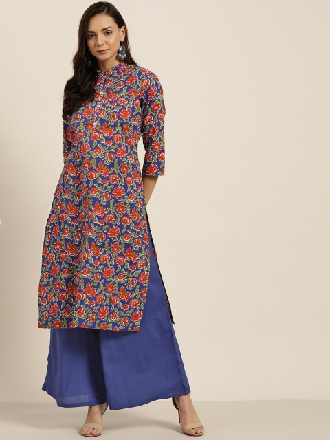 

Sangria Women Blue & Orange Indie Handblock Printed Kurta with Palazzos