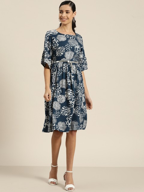 

Sangria Women Navy Blue & White Printed A-Line Dress with Belt