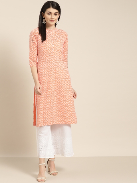 

Sangria Women Peach-Coloured & White Printed Straight Kurta