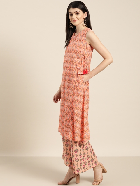 

Sangria Women Peach-Coloured & White Printed Kurta with Palazzos