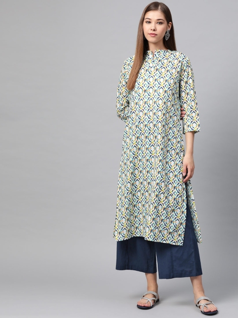 

Sangria Women White & Navy Blue Indie Ethnic Printed Kurta with Palazzos