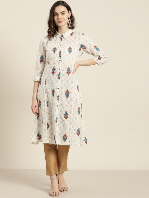

Sangria Women Off-White & Blue Printed A-Line Kurta