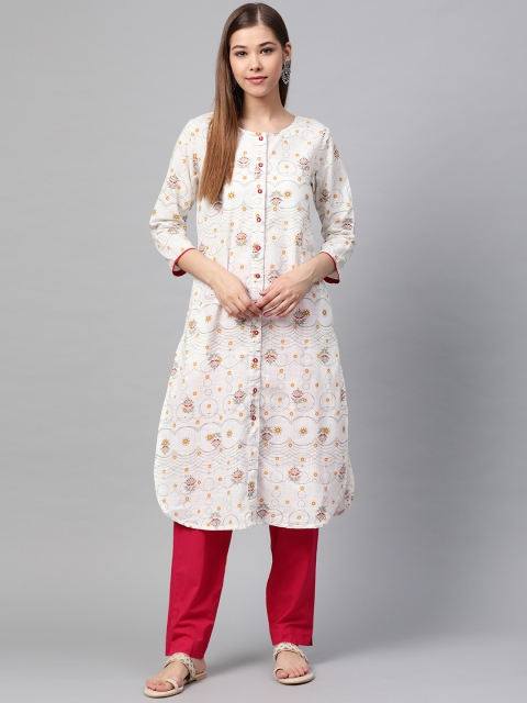 

Sangria Women White & Orange Indie Printed Curved Hem Straight Kurta