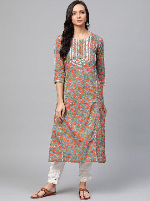 

Sangria Women Grey & Orange Printed Straight Kurta