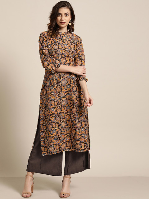 

Sangria Women Brown & Mustard Yellow Printed Kurta with Palazzos