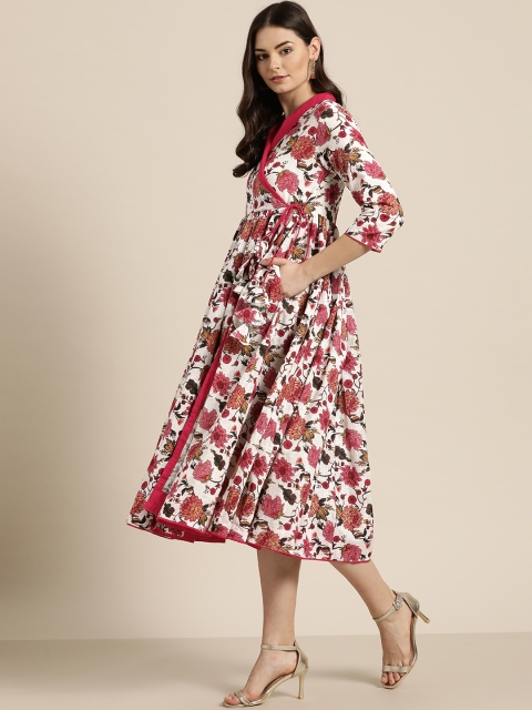 

Sangria Women White & Pink Printed Angrakha Empire Dress