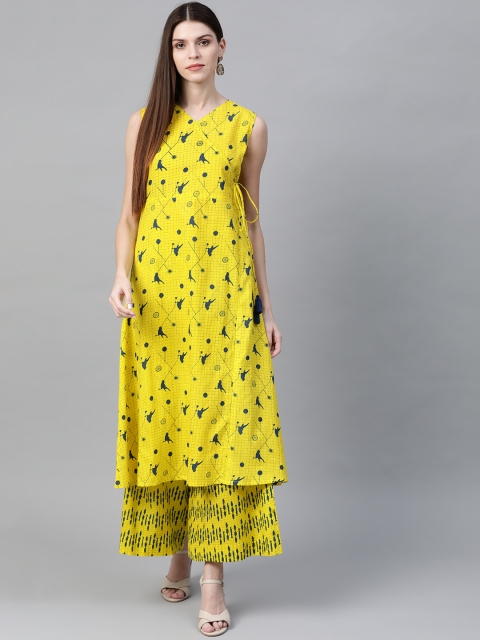

Sangria Women Yellow & Teal Blue Printed Angrakha Kurta with Palazzos