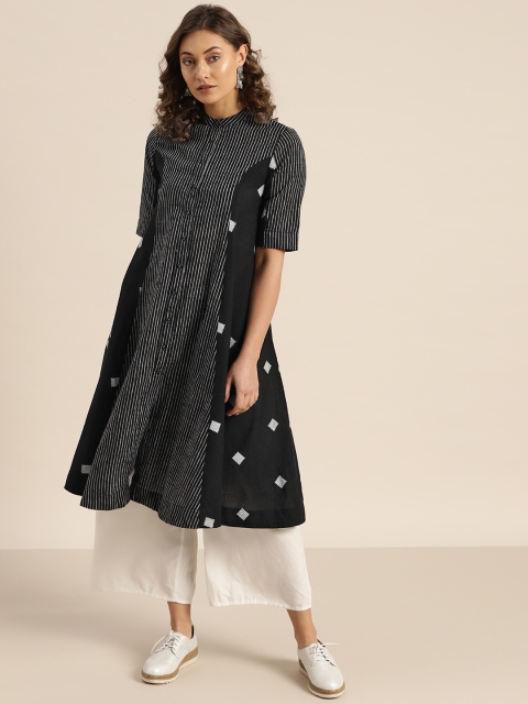 

Sangria Women Black & White Woven Design A-Line Kurta