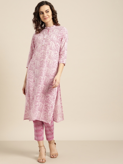 

Sangria Women White & Pink Printed Kurta with Trousers