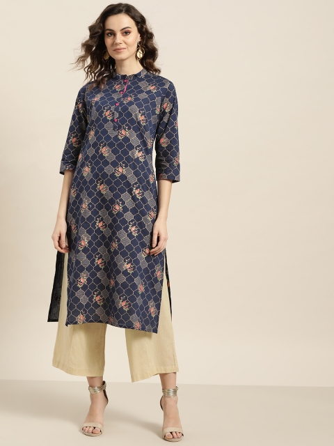 

Sangria Women Navy Blue & Golden Printed Straight Kurta