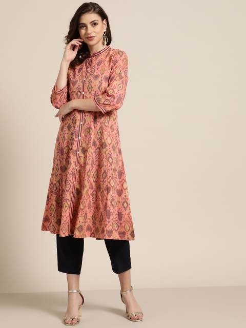 Women Peach-Coloured & Black Printed A-Line Kurta
