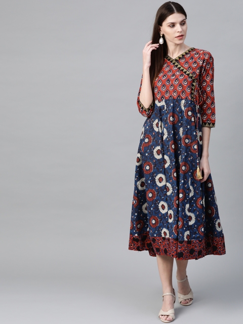 

Sangria Women Navy Blue & Rust Brown Printed Wrap Dress