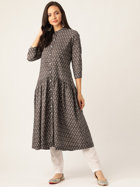 

Sangria Women Charcoal Grey & Off-White Drop-Waist Printed A-Line Kurta