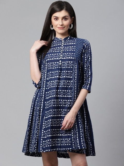 

Sangria Women Navy Blue & White Printed A-Line Dress