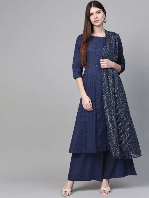

Sangria Women Navy Blue Self Design Kurta with Palazzos & Dupatta