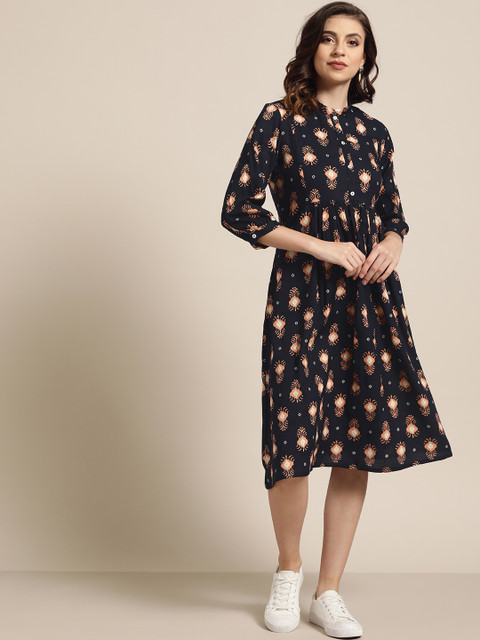 

Sangria Women Navy Blue & Peach-Coloured Printed A-Line Dress