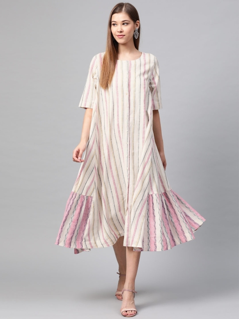 

Sangria Women White & Pink Striped Asymmetric A-Line Dress