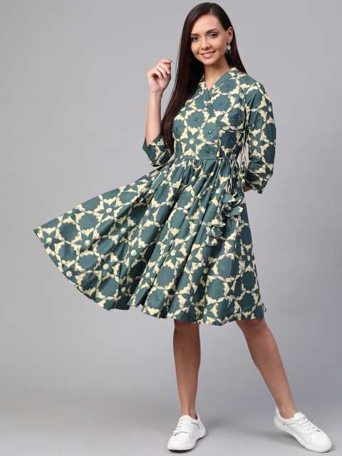 

Sangria Women Teal Green & Beige Mirror Work Ethnic Printed Waist Tie-up Wrap Dress