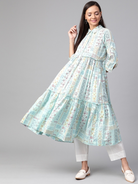 

Sangria Women Blue Printed A-Line Tiered Kurta