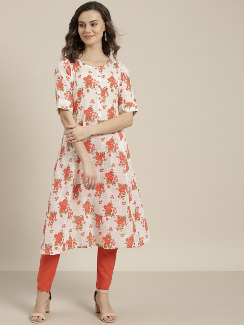 

Sangria Women White & Orange Floral Print A-Line Kurta