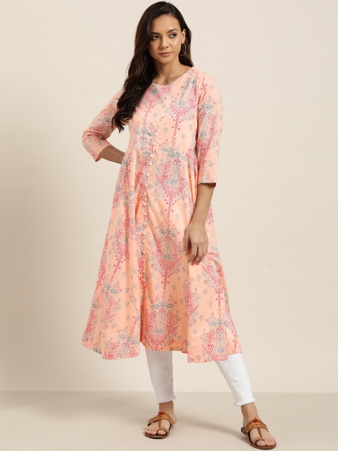 

Sangria Women Peach-Coloured & Blue Printed A-Line Kurta