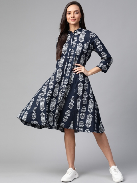 

Sangria Women Navy Blue & Off White Printed Shirt Dress