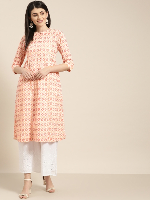 

Sangria Women Off-White & Pink Printed A-Line Kurta