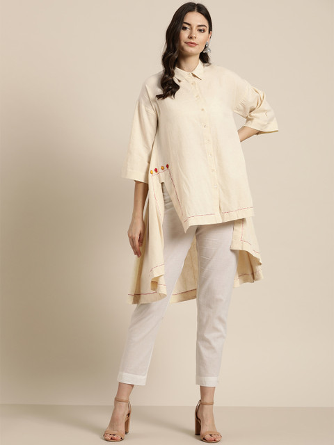 

Sangria Women Cream-Coloured Solid High-Low Pure Cotton Top