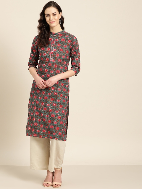 

Sangria Women Green & Red Printed Straight Kurta