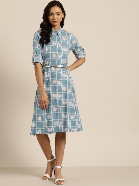 

Sangria Women Blue & White Printed Shirt Dress