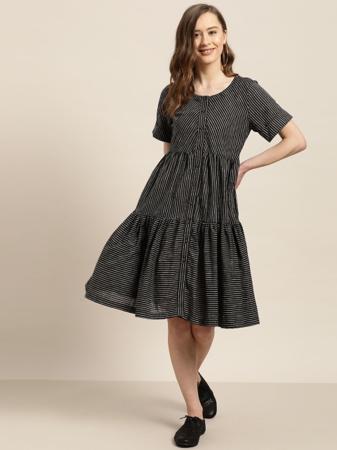 

Sangria Women Black & Grey Striped Tiered A-Line Dress