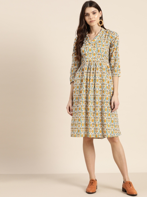 

Sangria Women Mustard Brown & White Printed A-Line Dress