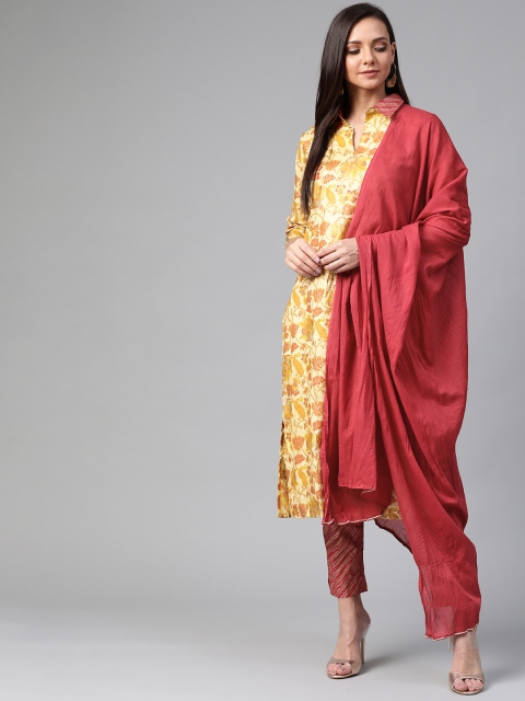 

Sangria Women Yellow & Maroon Printed Kurta with Trousers & Dupatta