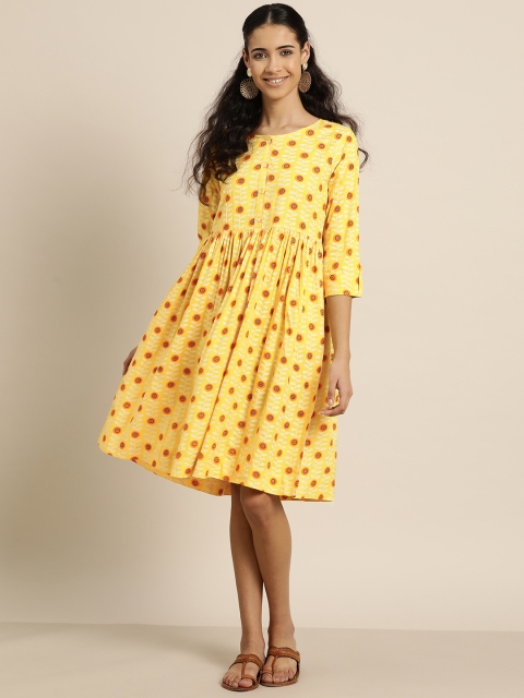 

Sangria Women Yellow & Orange Printed A-Line Dress