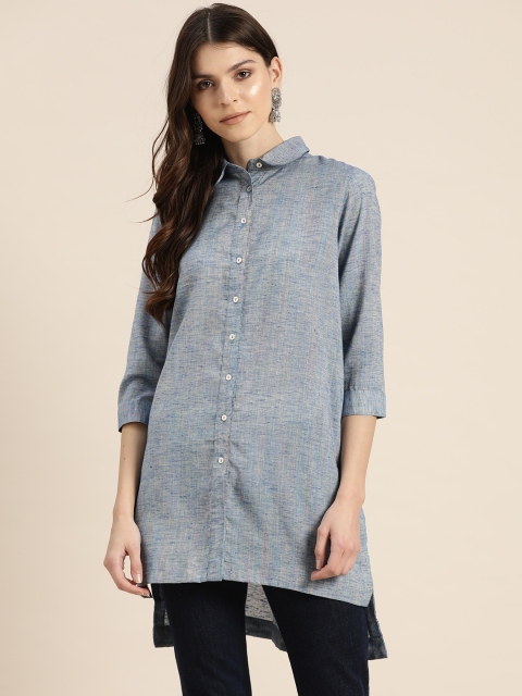 

Sangria Women Blue Self Design Shirt Style High-Low Tunic