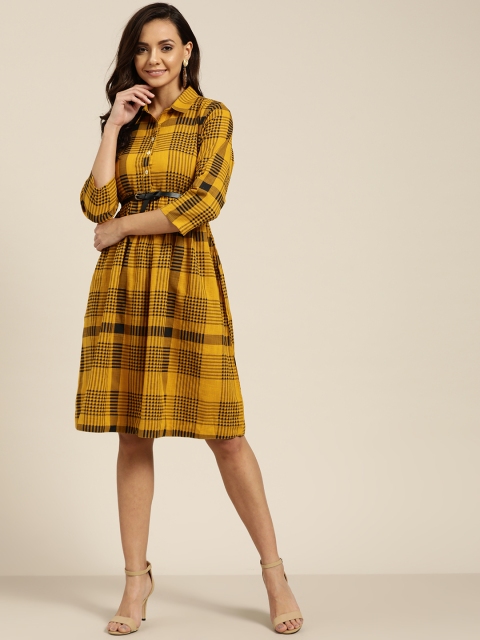 

Sangria Women Mustard Yellow & Navy Blue Checked Shirt Dress