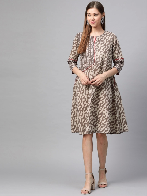 

Sangria Women Grey & Off White Printed A-Line Dress