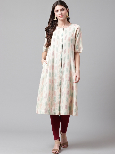 

Sangria Women Beige & Green Woven Ikat Design A-Line Sustainable Kurta