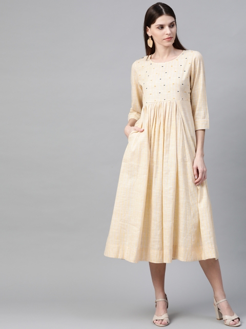 

Sangria Women Yellow & Off White Striped A-Line Dress